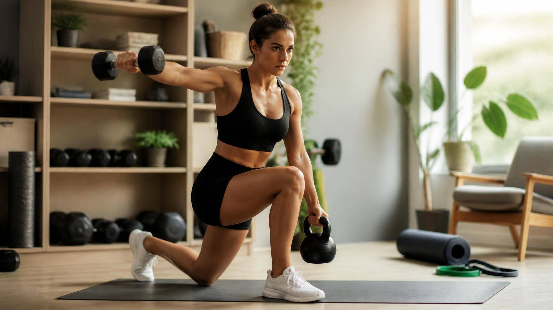 Pessoa em casa praticando treino híbrido com halteres, kettlebell e faixas de resistência em ambiente iluminado